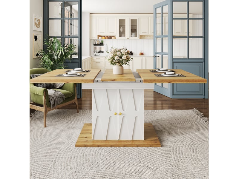  Table de repas extensible, 110x70x76,5 cm, relief décor, design moderne, plateau mdf, piètement métal, coloris blanc  - Conforama B