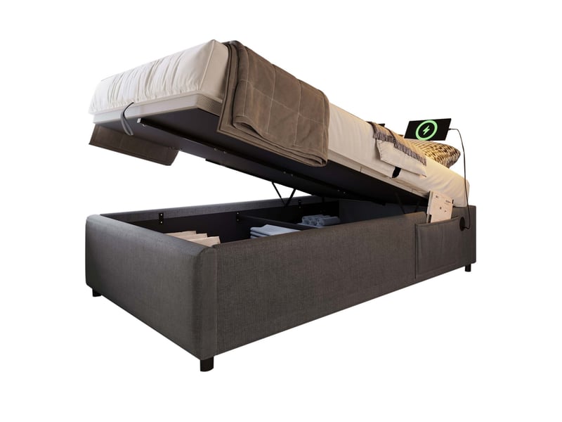  Modenvie lit coffre 90x200 cm - avec ports usb-c, sans tête de lit, sans matelas - gris  - Conforama A