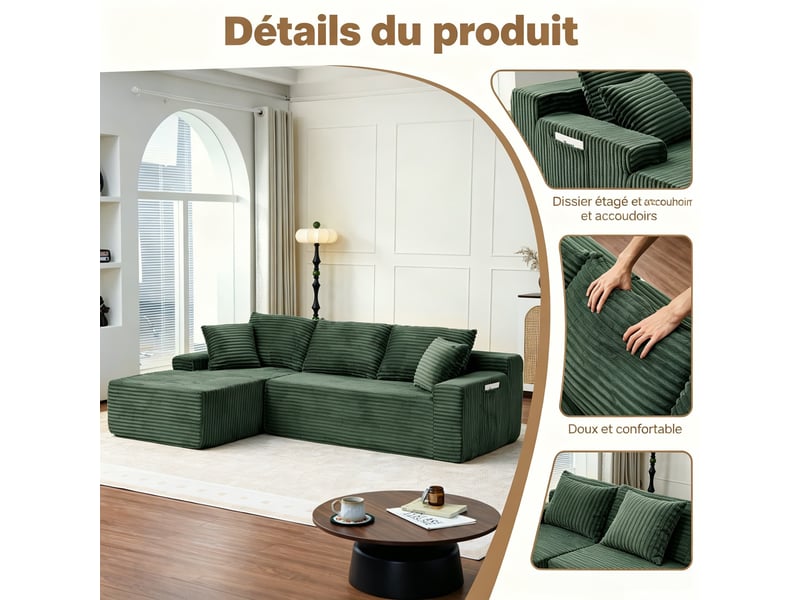  Canapé d’angle en l, velours côtelé, ensemble bas luxueux, mousse, gauche, chambresalon, 79x239x156 cm, vert  - Conforama E