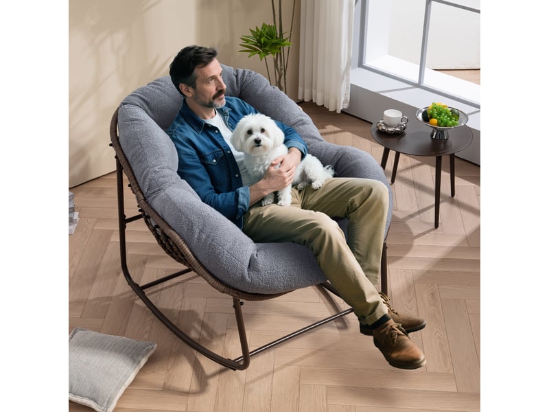  Cocon - fauteuil à bascule en rotin naturel - forme œuf et coussin gris anthracite - confortable pour salon, véranda ou chambre  - Conforama B