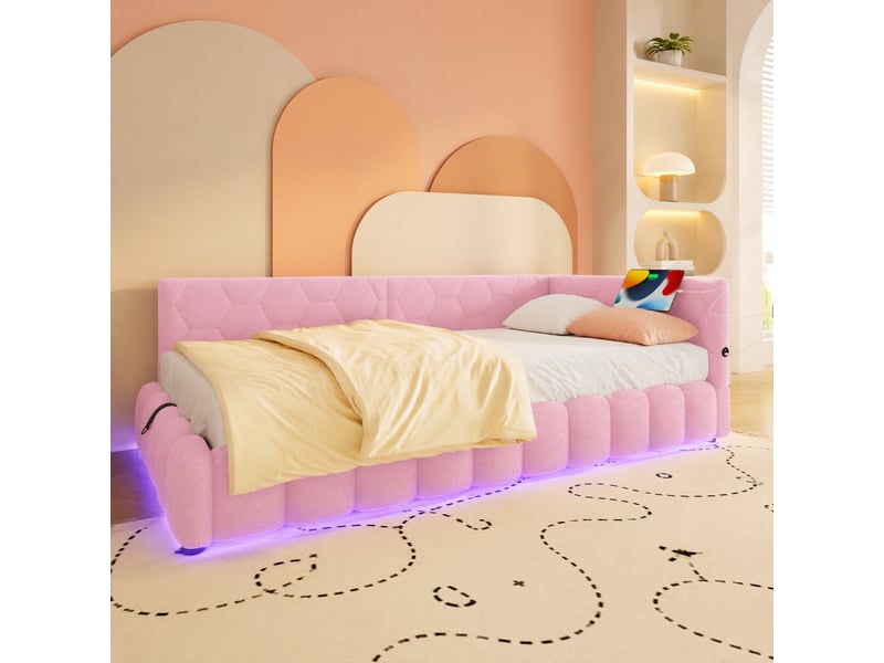  Lit banquette simple 90×200 cm coffre, usb, usb-c et led réglable  - sans matelas, velours - rose  - Conforama C