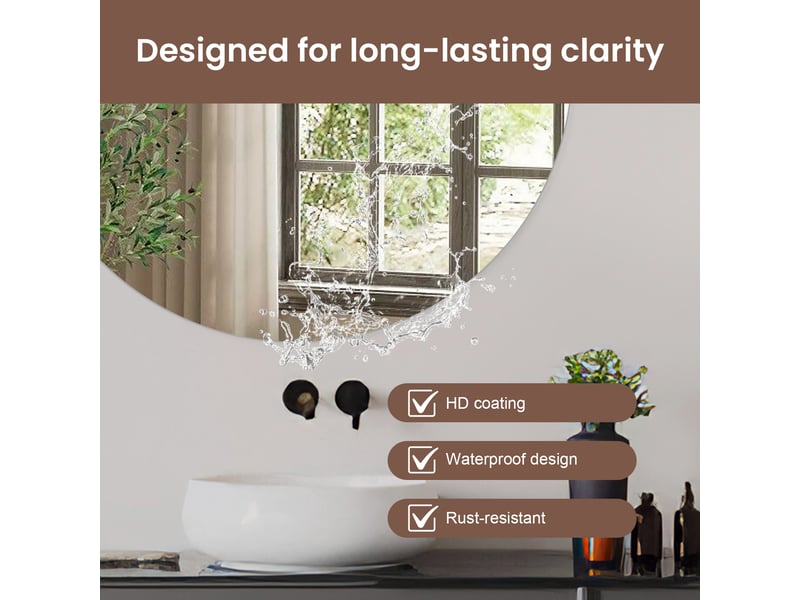 Miroir de salle de bain led intelligent rond hd - verre trempé anti-éclatement, 3 couleurs avec horloge numérique et touche tactile - ø 80x80 cm - Conforama R