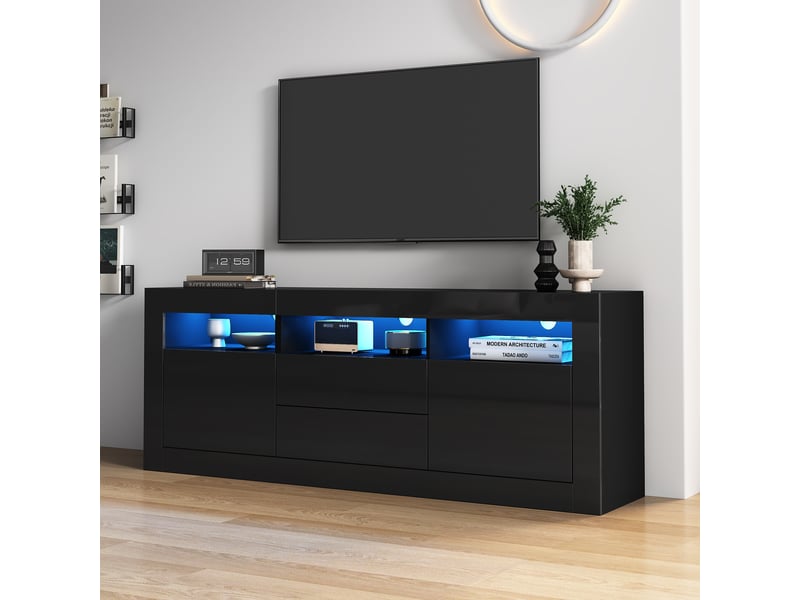  Meuble tv 160 cm noir laqué avec led bluetooth - pour écran 70 pouces - 2 tiroirs push to open  - Conforama B