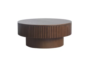 Table basse ronde 75x75x35 cm – noyer – rangement caché sous couvercle, design moderne à relief cannelé