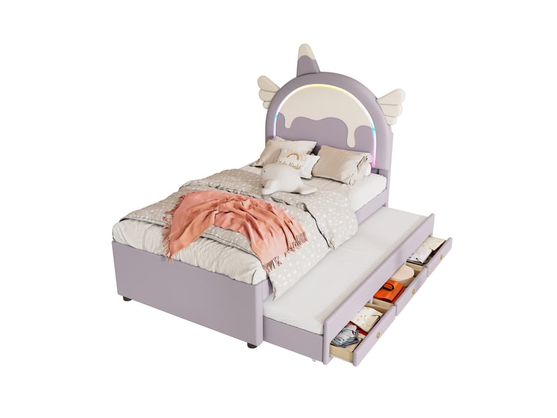 Lit enfant 90 × 200 cm 1 place avec lit gigogne et tiroir, sans matelas, en pu et mdf, violet  - Conforama A