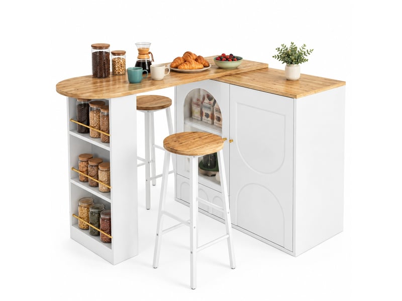 Ensemble îlot de cuisine 138 à 204 x 39 x 105 cm blanc mdf et métal, rangement avec 2 tabourets hauts - Conforama A