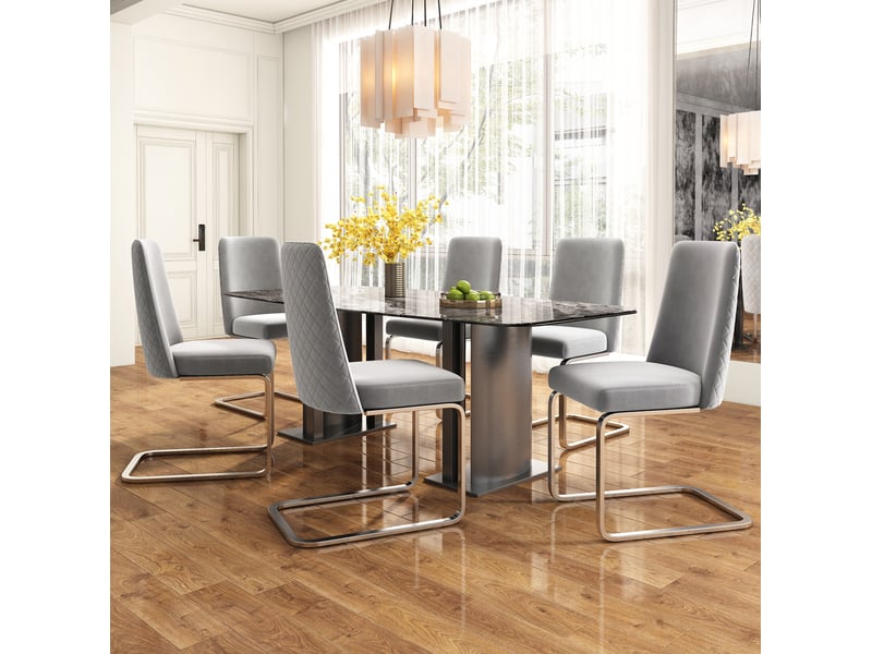  Lot de 6 chaises de salle à manger 42x52x88 cm en velours gris, dossier diamant, pieds métalliques argentés  - Conforama B