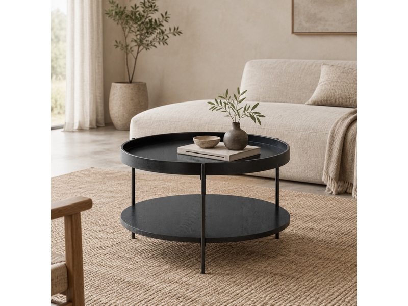  Table basse ronde à deux plateaux de rangement - lpospi - structure en métal, bois massif et mdf noir 69 × 69 × 38 cm  - Conforama C