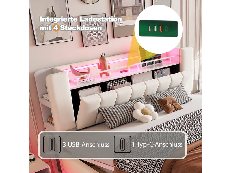  Lit coffre connecté 140 x 200 cm beige, éclairage led, ports usb et relevage hydraulique en velours  - Conforama E