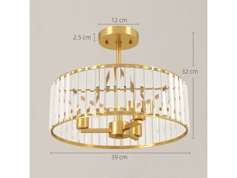  Plafonnier, lustre design, abat-jour en cristal, 3 ampoules, métal, couleur or  - Conforama C