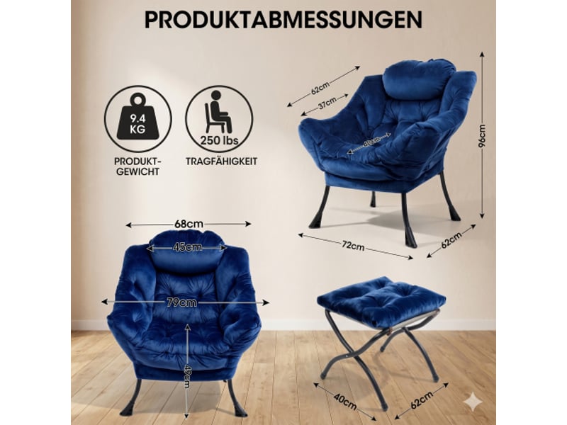  Fauteuil avec repose-pieds - fauteuil inclinable avec accoudoirs, poche latérale - fauteuil à oreilles - bleu foncé  - Conforama E