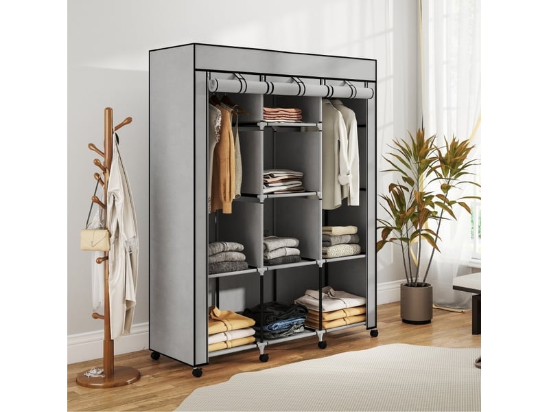  Armoire en tissu 125x43x162,5 cm avec 8 compartiments et 2 barres de penderie gris clair  - Conforama E
