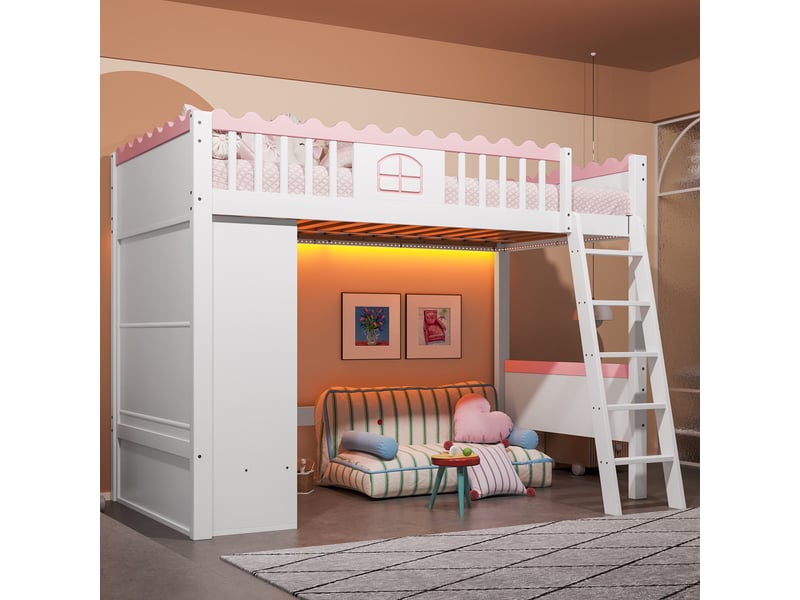  Lit mezzanine enfant 200×90 cm avec armoire, tiroir et éclairage led, sans matelas, en pin et mdf blanc  - Conforama B