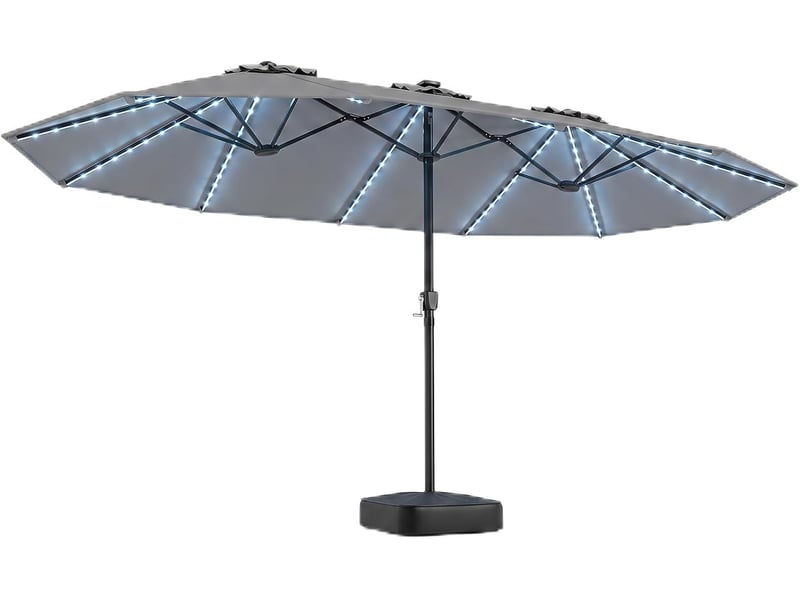 Parasol double à 12 baleines (gris, 4,36 x 2,58 m, avec pied et led) | parasol rectangulaire avec manivelle, 144 led solaires, 12 modes - Conforama A