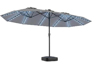 Parasol double à 12 baleines (gris, 4,36 x 2,58 m, avec pied et led) | parasol rectangulaire avec manivelle, 144 led solaires, 12 modes