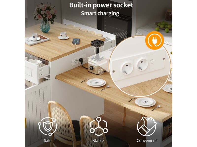 Desserte de cuisine extensible avec prises, tiroir et 2 portes en mdf 121,5–192×70×92 cm blanche - Conforama C