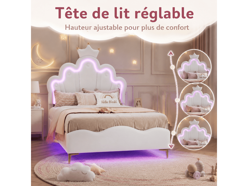 Lit fille 90x190cm avec sommier led réglables - lit simple enfant avec tête de lit réglable en hauteur - sommier à lattes - lit 90x190 cm - lumineuse led - lit fille avec tête de lit réglable - lit princesse en forme couronne - … - Conforama D