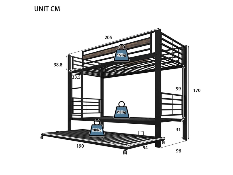 Lit superposé enfant 90x200 cm en métal noir avec lit gigogne et échelle - Conforama C
