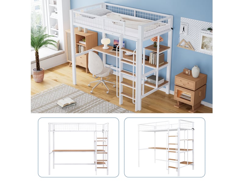 Lit superposé 90x200 cm avec bureau et étagères, métal, blanc et naturel pour enfant - Conforama D