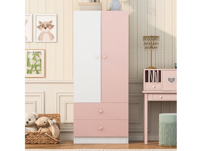  Armoire 70x40x170 cm à deux tiroirs mdf rose et blanc  - Conforama C