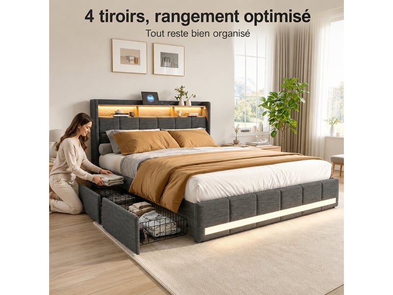  Lit avec rangement 160x200 cm - lit coffre capitonné avec led et usb - lit adulte avec 4 tiroirs - lit 2 places avec sommier à lattes - lin gris  - Conforama R