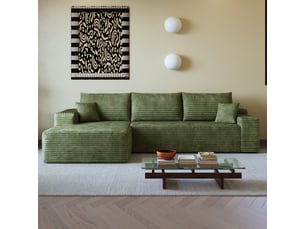 Canapé d’angle 3 places 270 x 175 cm vert, méridienne gauche, velours côtelé