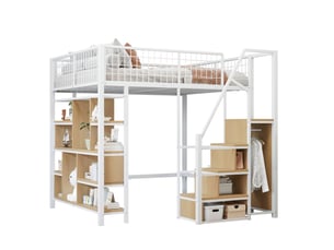 Lit mezzanine 140 x 200 cm blanc avec rangement, étagères et escalier