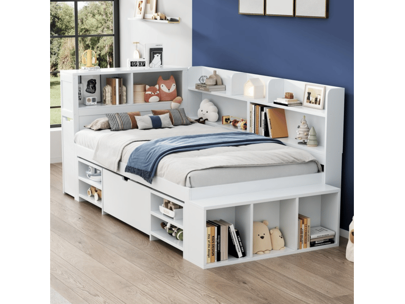  Modenvie lit enfant 90x200 cm - avec rangements et bibliotheque, sommier inclus, sans matelas - blanc  - Conforama D