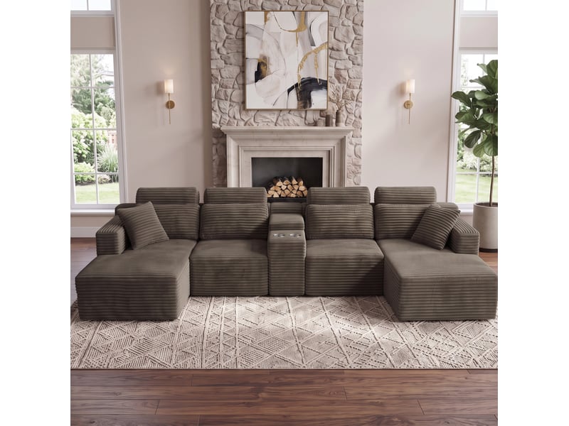  Canapé d'angle modulaire en u 373x151x81 cm compressé avec porte-gobelets, pour salon, mousse, velours côtelé, kaki  - Conforama B