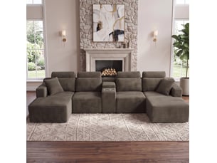 Canapé d'angle modulaire en u 373x151x81 cm compressé avec porte-gobelets, pour salon, mousse, velours côtelé, kaki