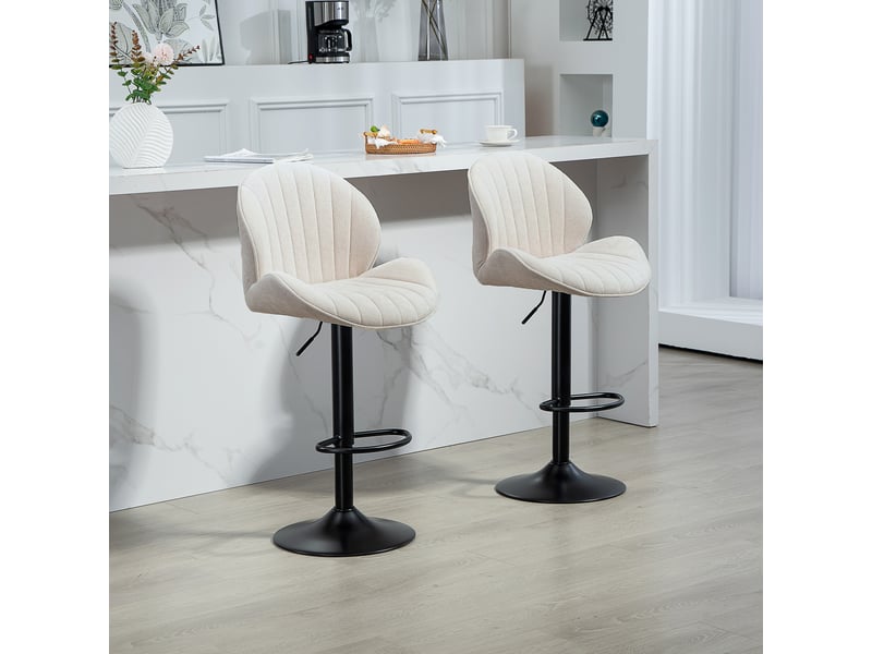  Ensemble de 2 tabourets de bar pivotants à hauteur réglable (62-83 cm), revêtus de chenille beige avec dossier et repose-pieds.  - Conforama D