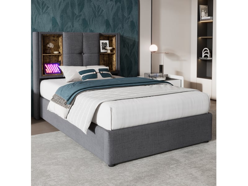  Modenvie lit coffre 90x200 cm - chargement sans fil, usb et rangement, matelas inclus - gris  - Conforama E