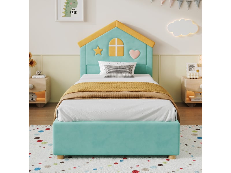  Lit simple pour enfant rembourré 90x200cm - avec 4 tiroirs - tête de lit en forme de maison - tissu velours - bleu-vert (sans matelas)  - Conforama D