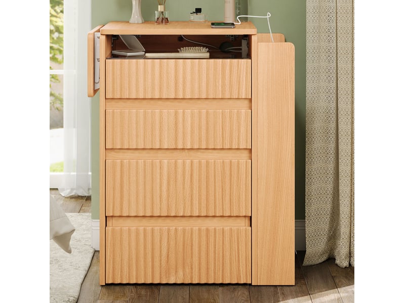  Coiffeuse 79x40x120 cm avec miroir led rabattable et tabouret à roulettes coloris naturel  - Conforama D