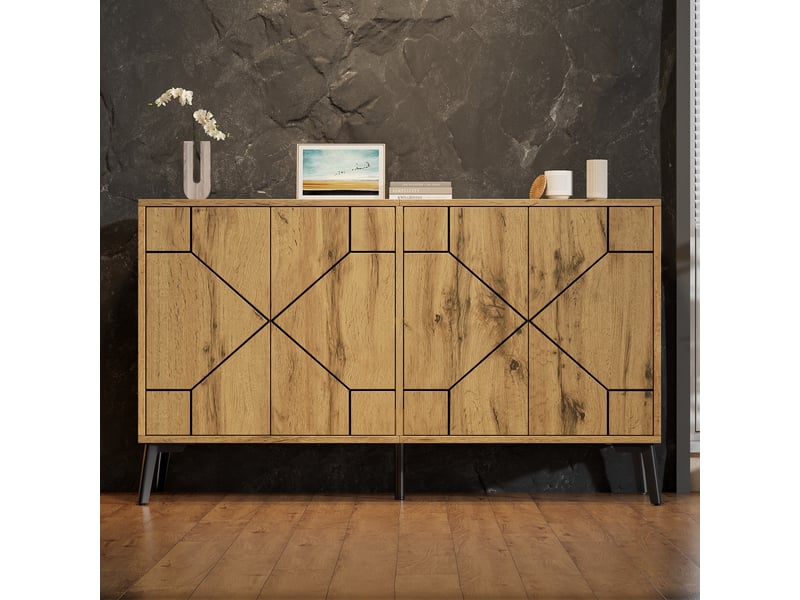  Buffet bas 4 portes à ouverture par pression, 4 compartiments, style industriel en mdf chêne clair, 120 × 35 × 69 cm  - Conforama D