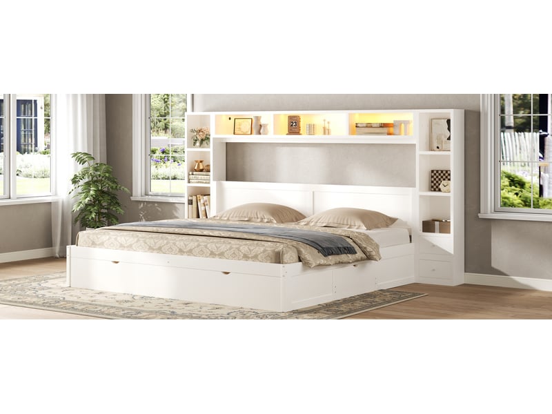  Lit adulte double 180×200 cm, 7 tiroirs, rangements et éclairage led - okmyhome- blanc, sans matelas  - Conforama E