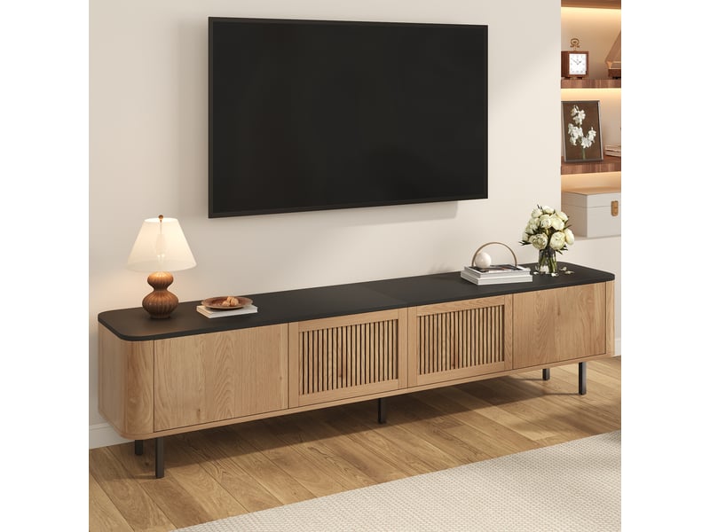  Meuble tv bas 190x35x45cm portes ajourées rangement | design moderne effet chêne et noir métal | portes grille charge 60kg - chêne et noir  - Conforama D