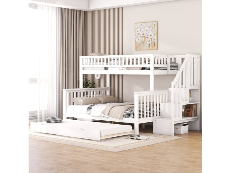  Lit superposé enfant 90x200 et 140x200 cm avec lit gigogne et escalier de rangement blanc  - Conforama B