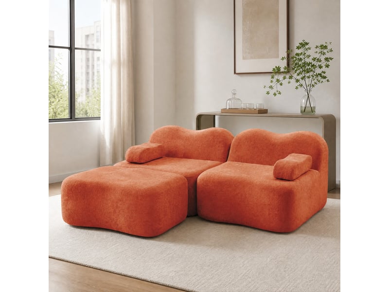 Canapé d’angle modulable 2 places avec ottomane orange en velours - Conforama C