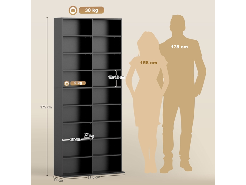  Rangements pour cd et dvd 18 compartiments capacité max. 640 cd360 dvd 430 blu-ray 78,5 x 24 x 175 cm noir  - Conforama D