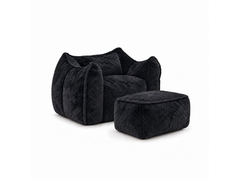 Fauteuil pouf paresseux en fausse fourrure avec repose-pied, sans montage, mousse déchiquetée haute densité, ergonomique,noir - Conforama A