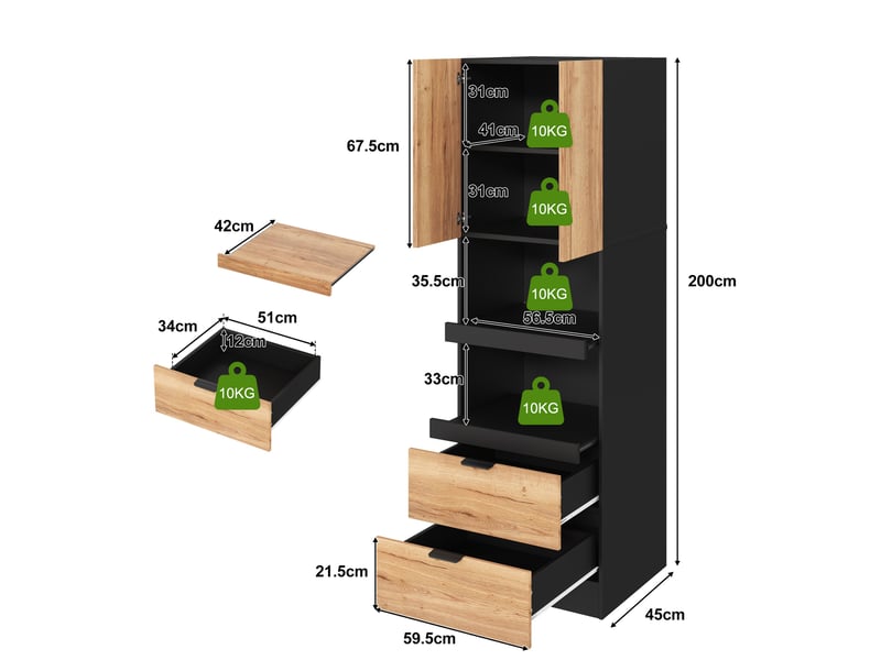  Armoire de cuisine 59,5 x 45 x 200 cm noire en mdf, 2 portes, 2 tiroirs et niches pour appareils  - Conforama C