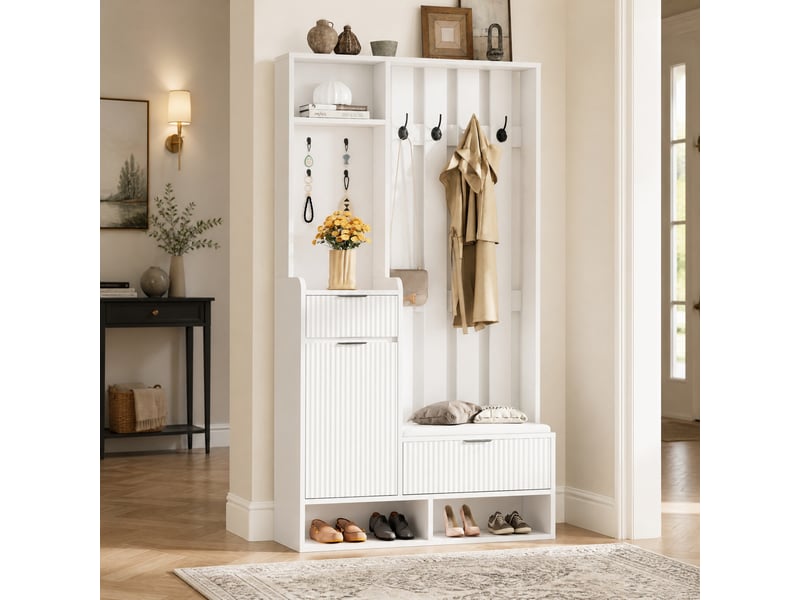  Vestiaire d’entrée 100x30x180 cm avec banc à chaussures et 8 crochets, blanc  - Conforama C