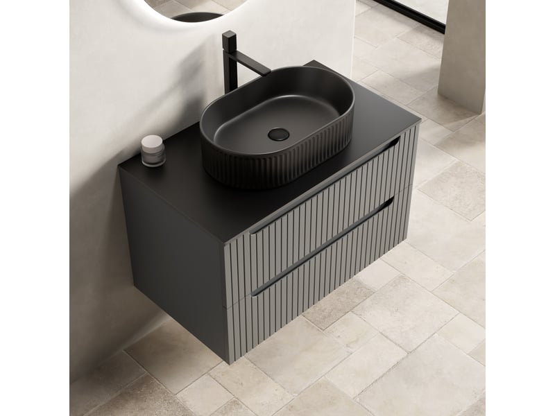  Meuble sous vasque suspendu avec 2 tiroirs, vasque ovale en céramique et plateau en pierre frittée pour salle de bain 80×46×62,2 cm  - Conforama C