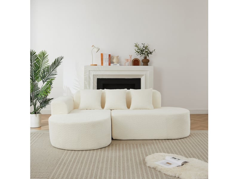  Canapé d'angle 3 places à forme arrondie avec méridienne à gauche et 3 coussins en chenille beige  - Conforama E