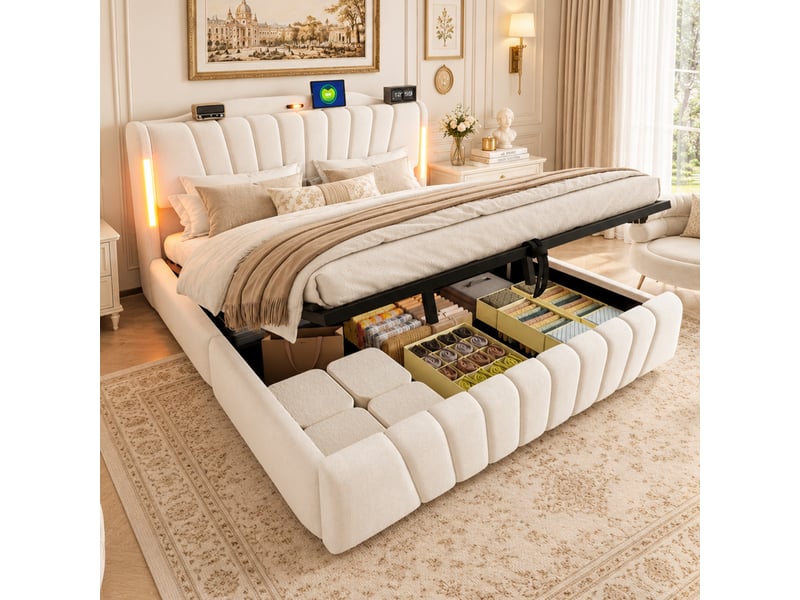 Lit coffre hydraulique 180x200 cm en velours beige avec tête de lit led, usb-c, veilleuse intégrée et rangement Morn Vibe - Conforama B