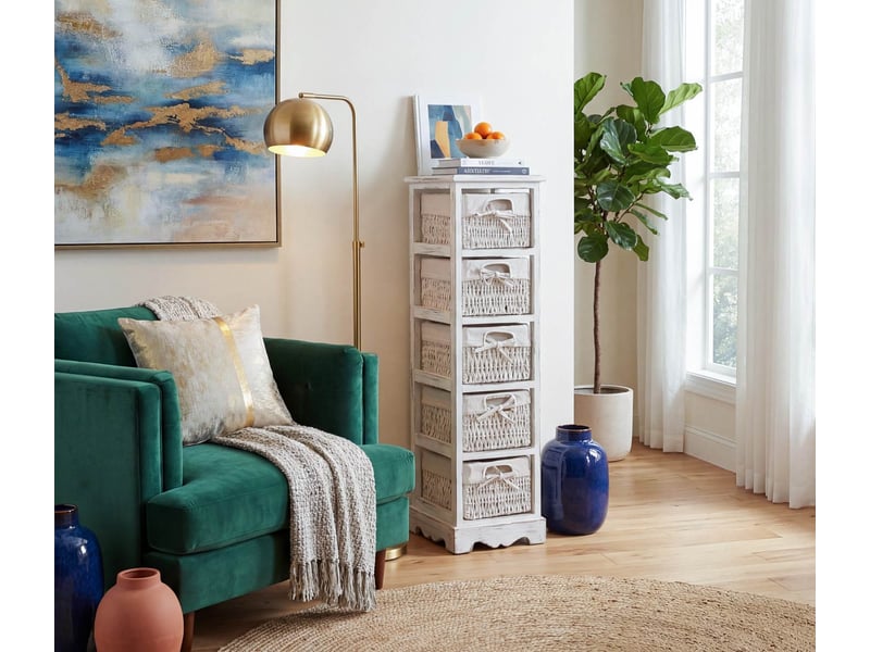 Commode, étagère 5 paniers, 25x28x90cm, shabby, vintage - blanc - Conforama B