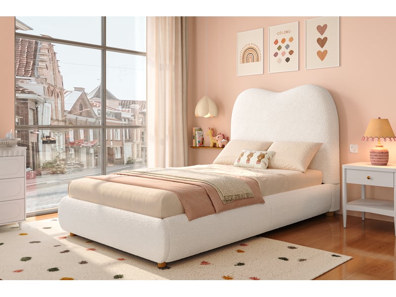  Lit coffre 90x200 cm beige bouclé avec sommier à lattes tête de lit capitonnée ouverture hydraulique rangement Sol Morn - Conforama B