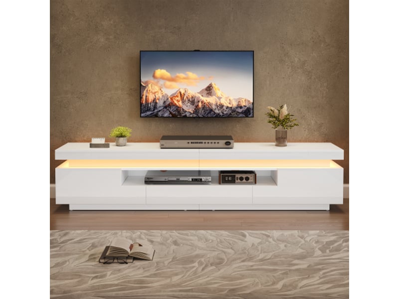  Meuble tv 175 cm blanc brillant avec led, 2 rangements en l, 1 tiroir, pour tv jusqu’à 75 pouces  - Conforama C