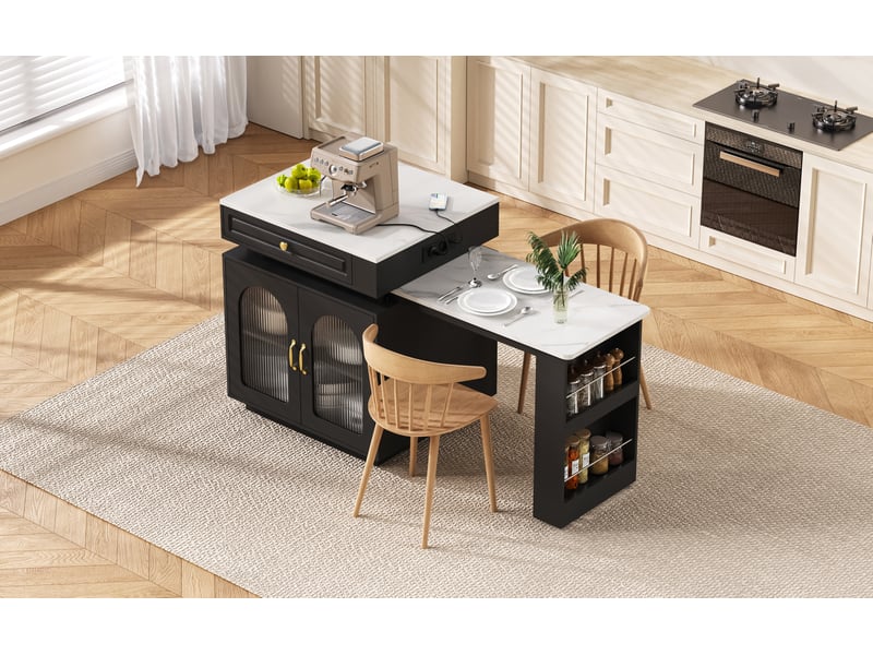  Table extensible avec 1 tiroir, niches ouvertes, led et prises usb pour cuisine et salle à manger, 128 × 71 × 92 cm  - Conforama C